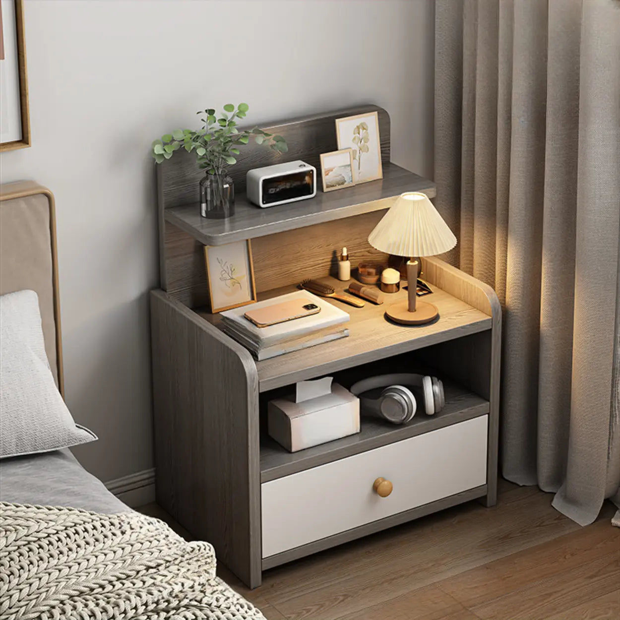 Wood 2-Drawer Nightstand with Open Shelves