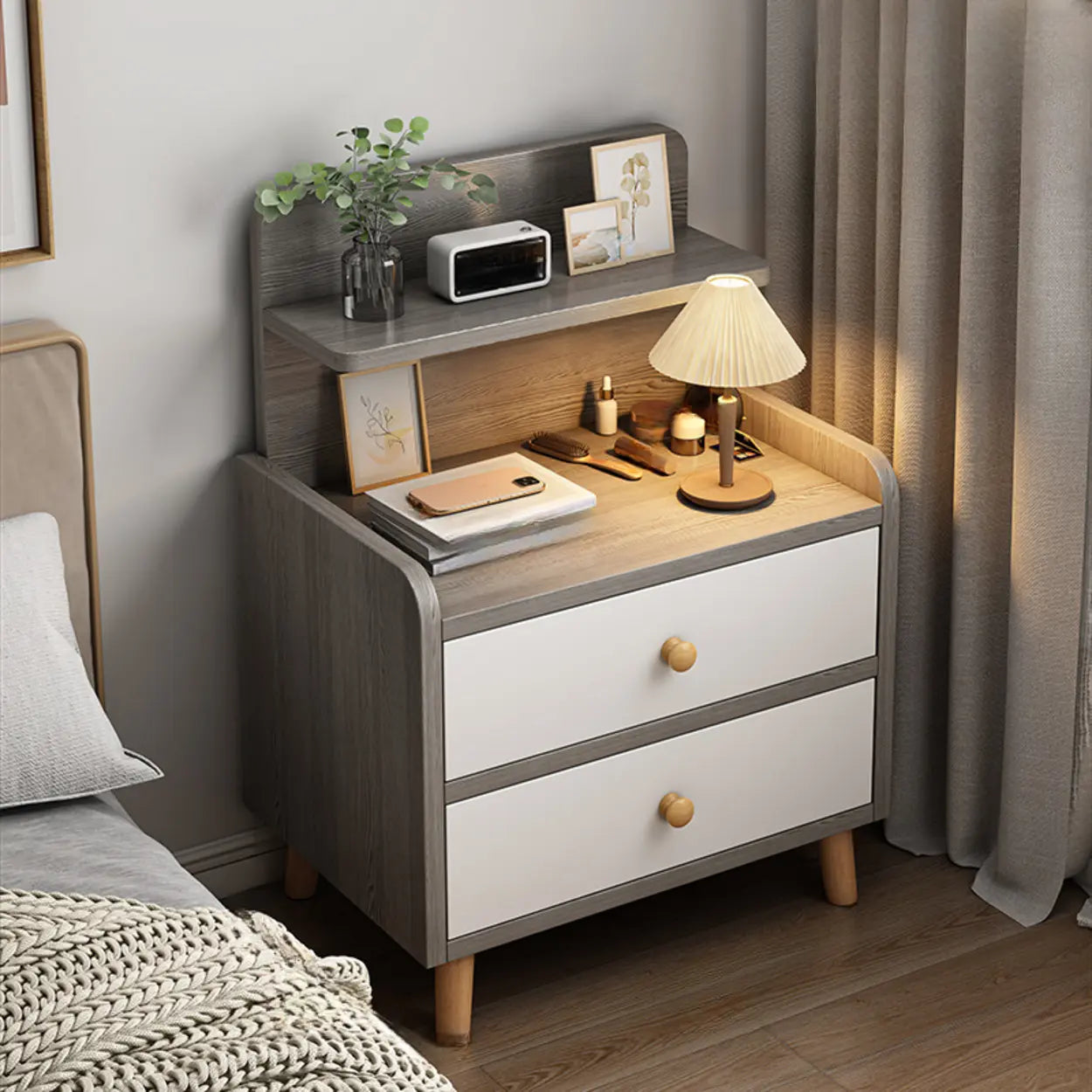 Wood 2-Drawer Nightstand with Open Shelves