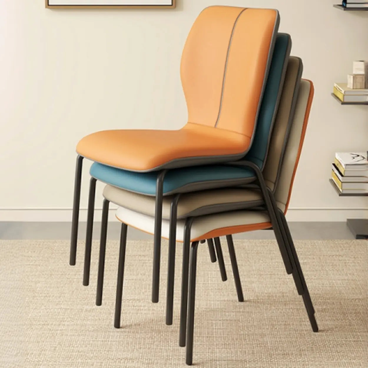 Stackable PU Leather Dining Chair with Metal Legs — Grey/ Orange / Sponge