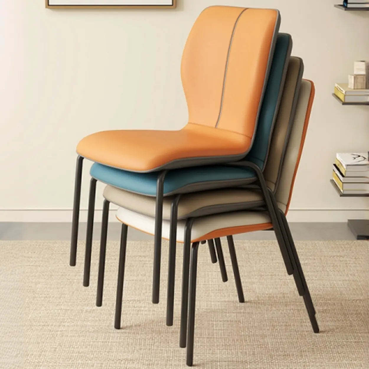 Stackable PU Leather Dining Chair with Metal Legs — Grey/ Orange / Sponge