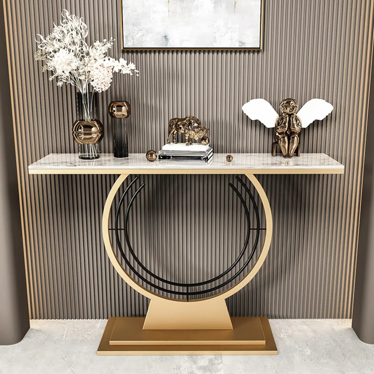 Gold Circular Base Stone Console Table — Black / Black