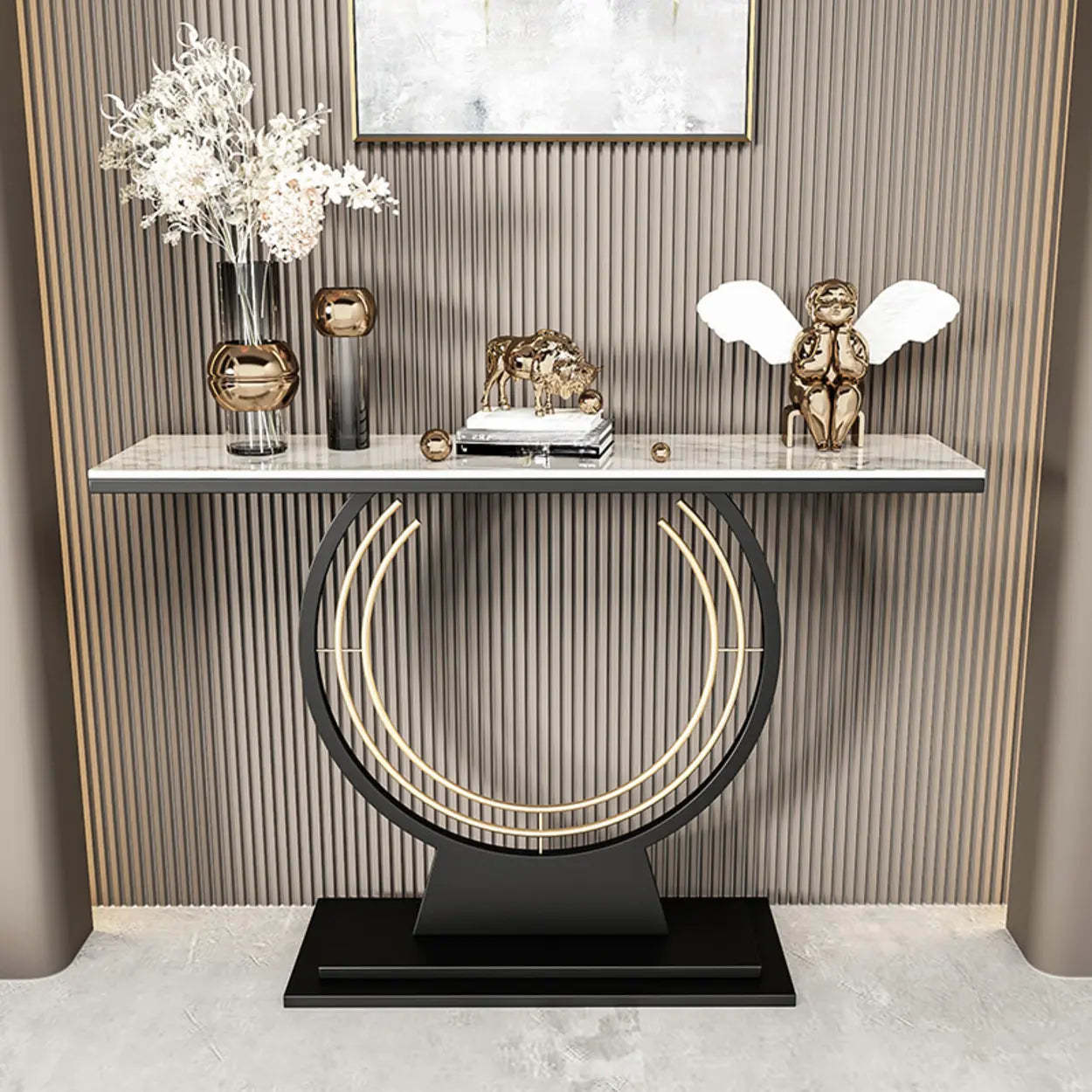 Gold Circular Base Stone Console Table — Gold / Black