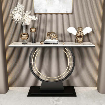 Gold Circular Base Stone Console Table — Gold / Black