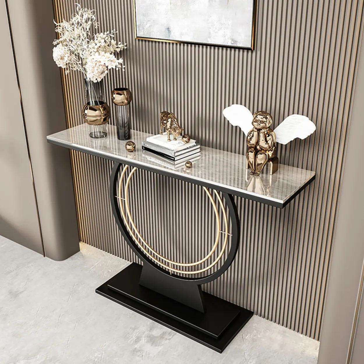 Gold Circular Base Stone Console Table — Gold / White