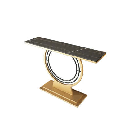 Gold Circular Base Stone Console Table — Black / Black