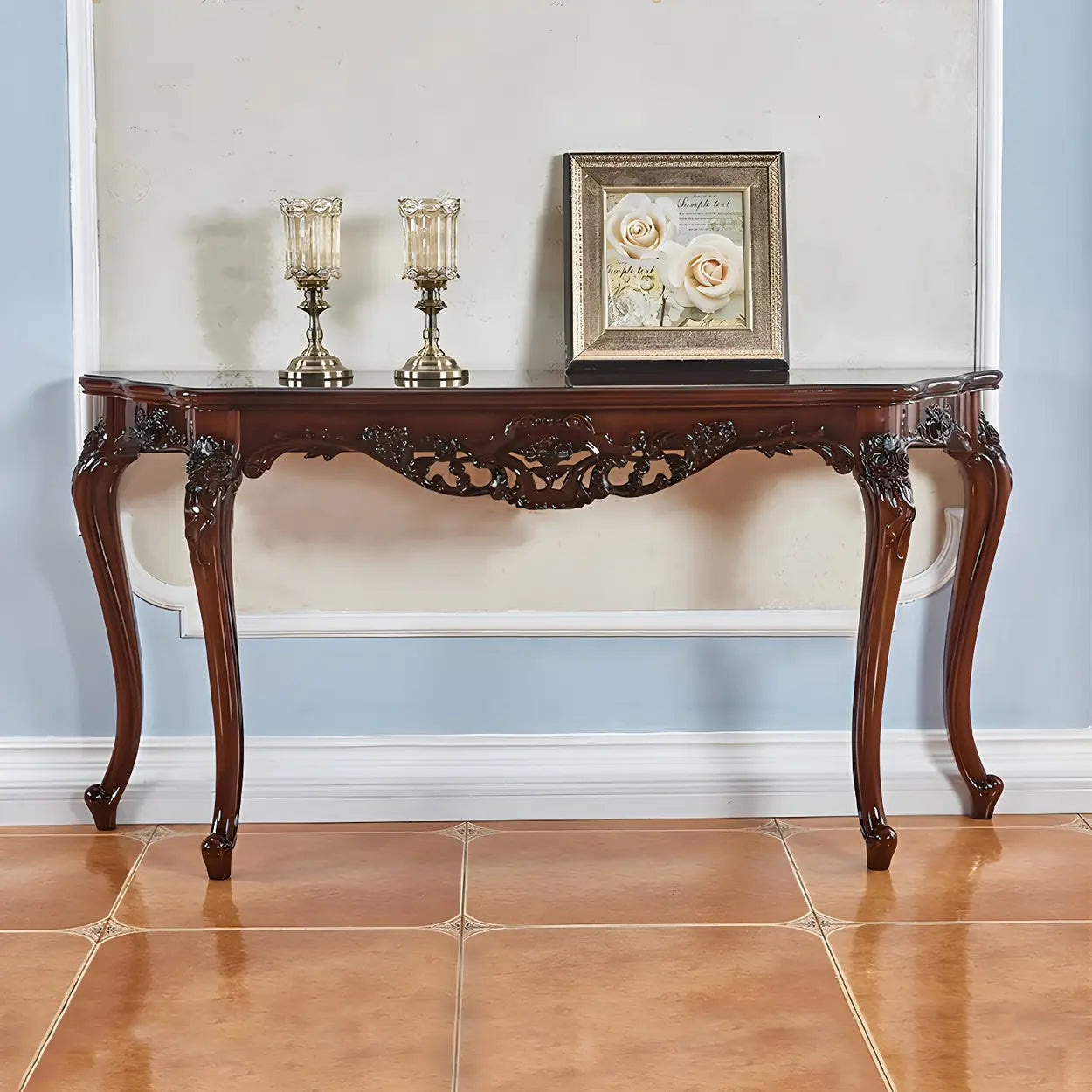 Stain-Resistant Ornate Mahogany Baroque Console Table — Brown