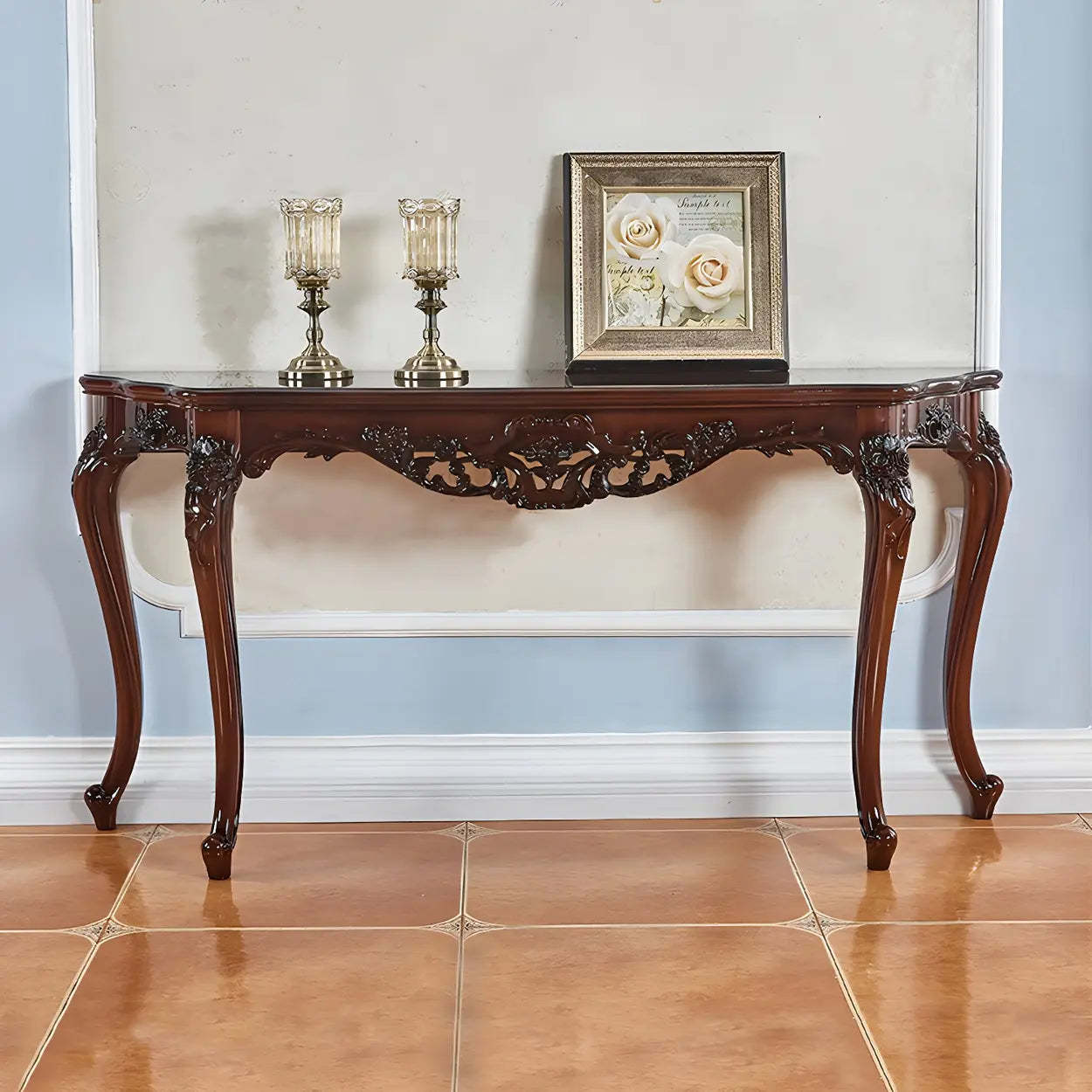 Stain-Resistant Ornate Mahogany Baroque Console Table — Brown