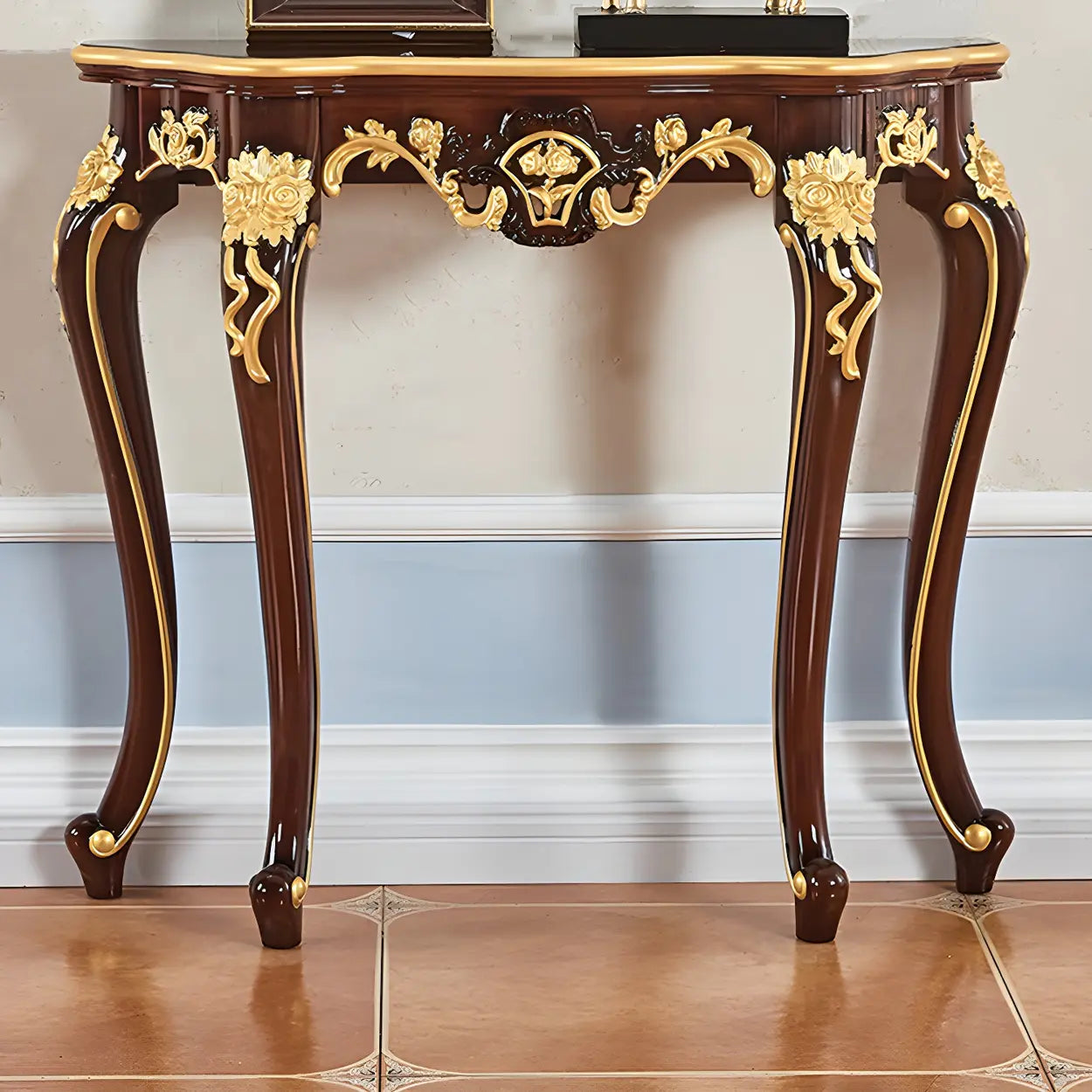 Stain-Resistant Ornate Mahogany Baroque Console Table — Brown