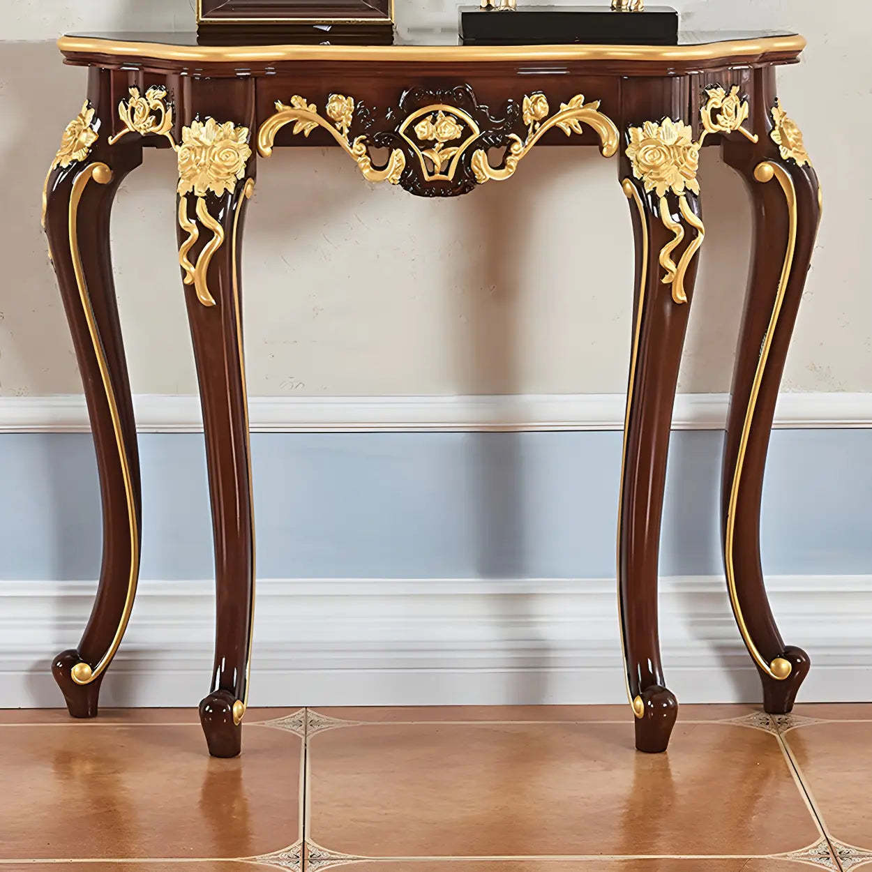 Stain-Resistant Ornate Mahogany Baroque Console Table — Brown