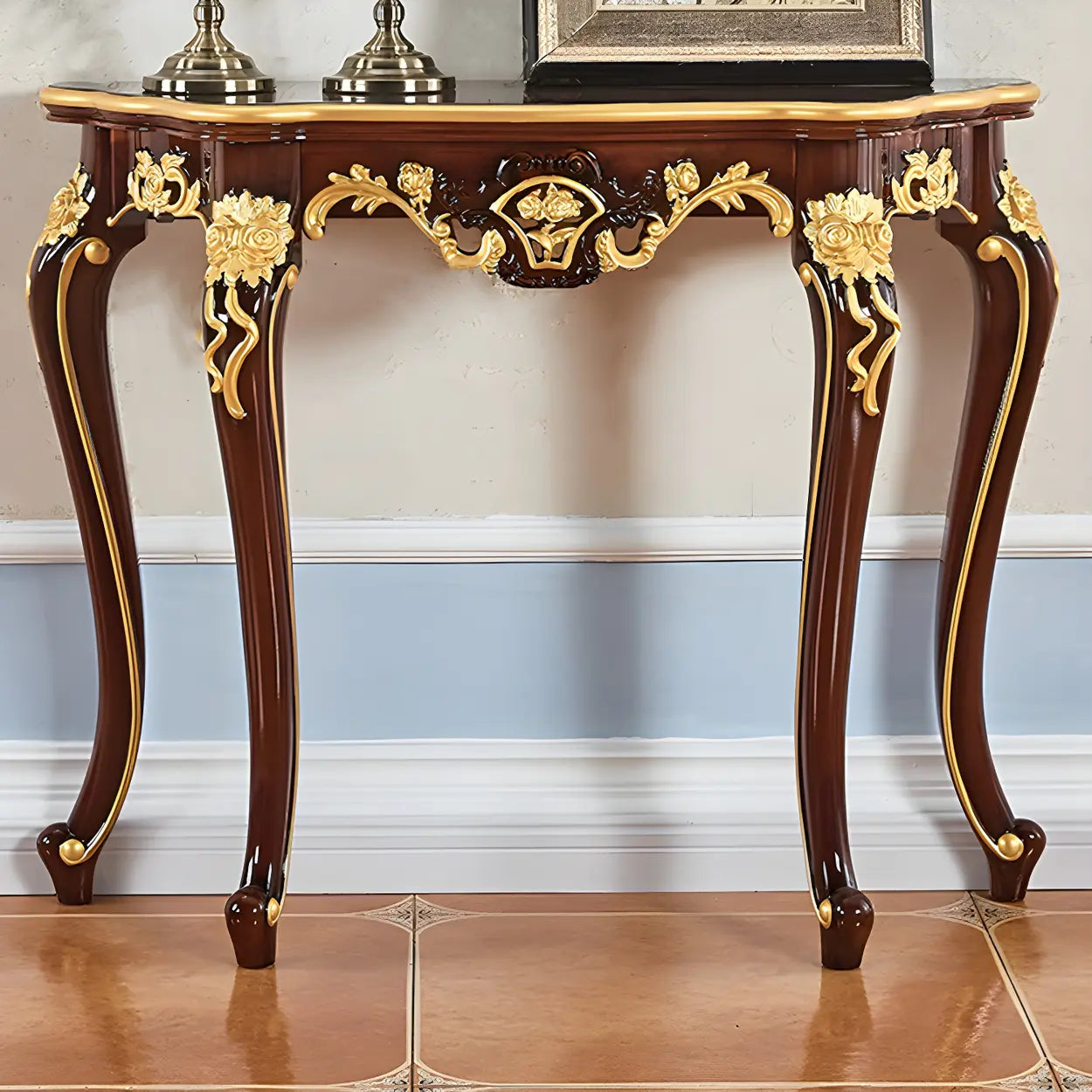 Stain-Resistant Ornate Mahogany Baroque Console Table — Champagne