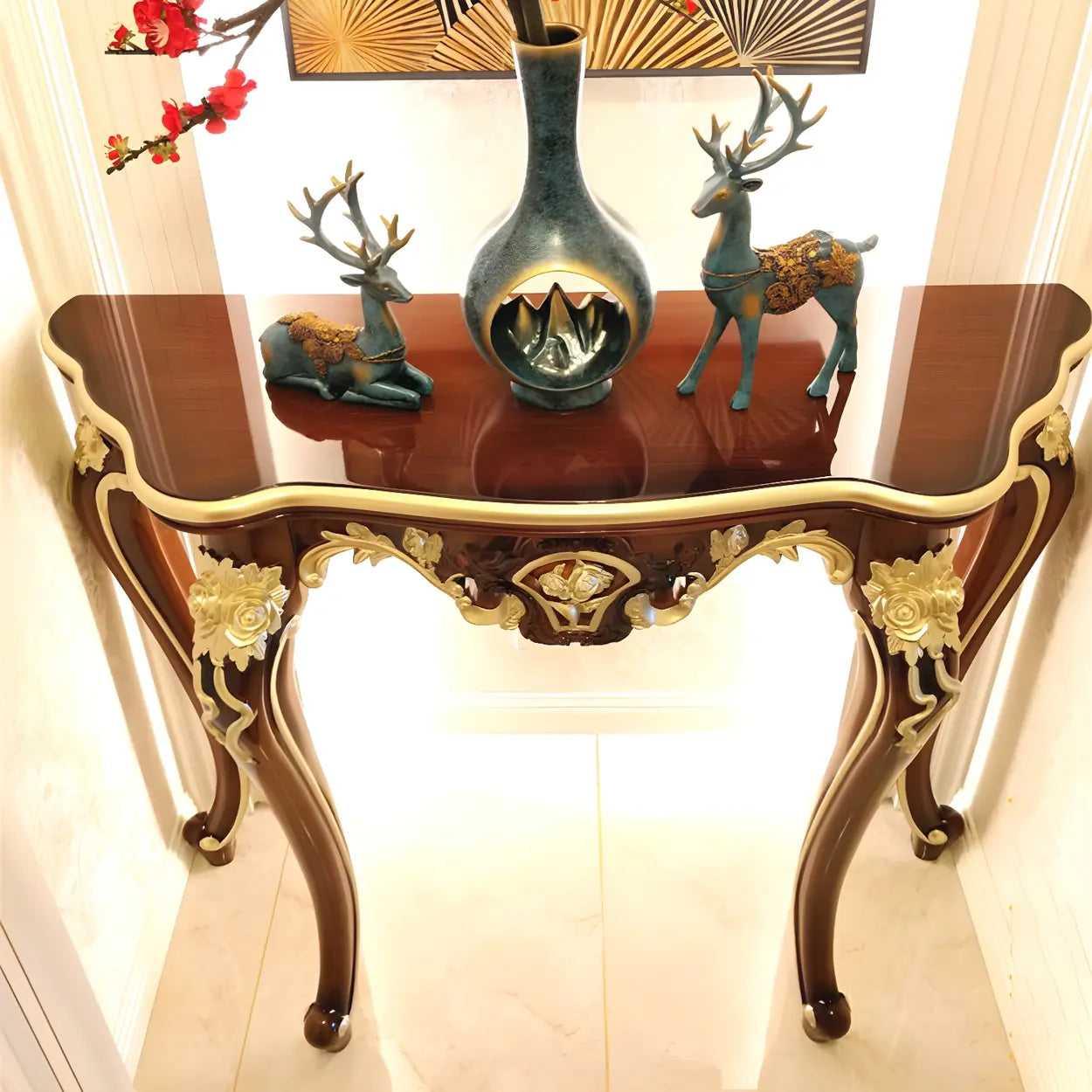 Stain-Resistant Ornate Mahogany Baroque Console Table — Champagne
