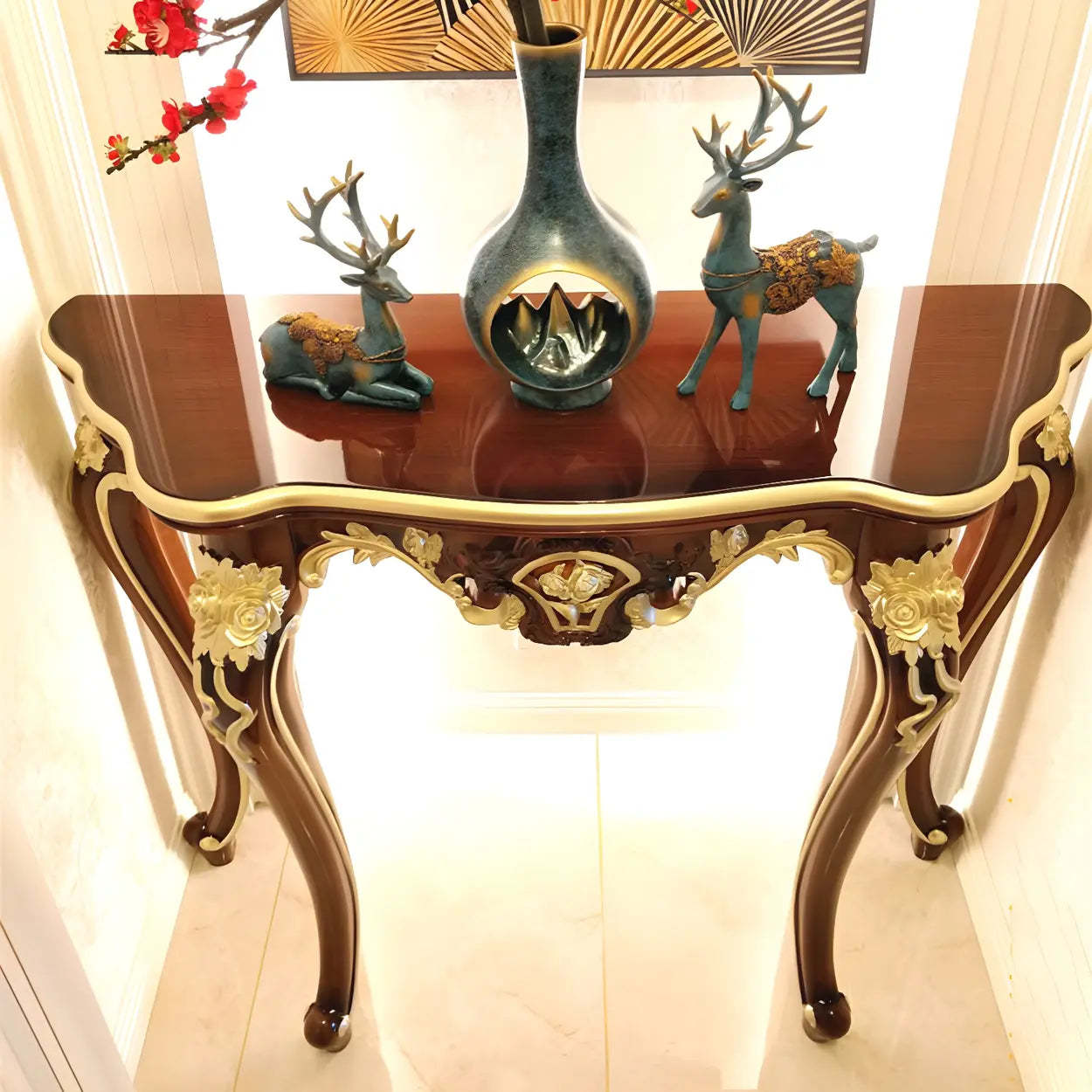 Stain-Resistant Ornate Mahogany Baroque Console Table — Champagne