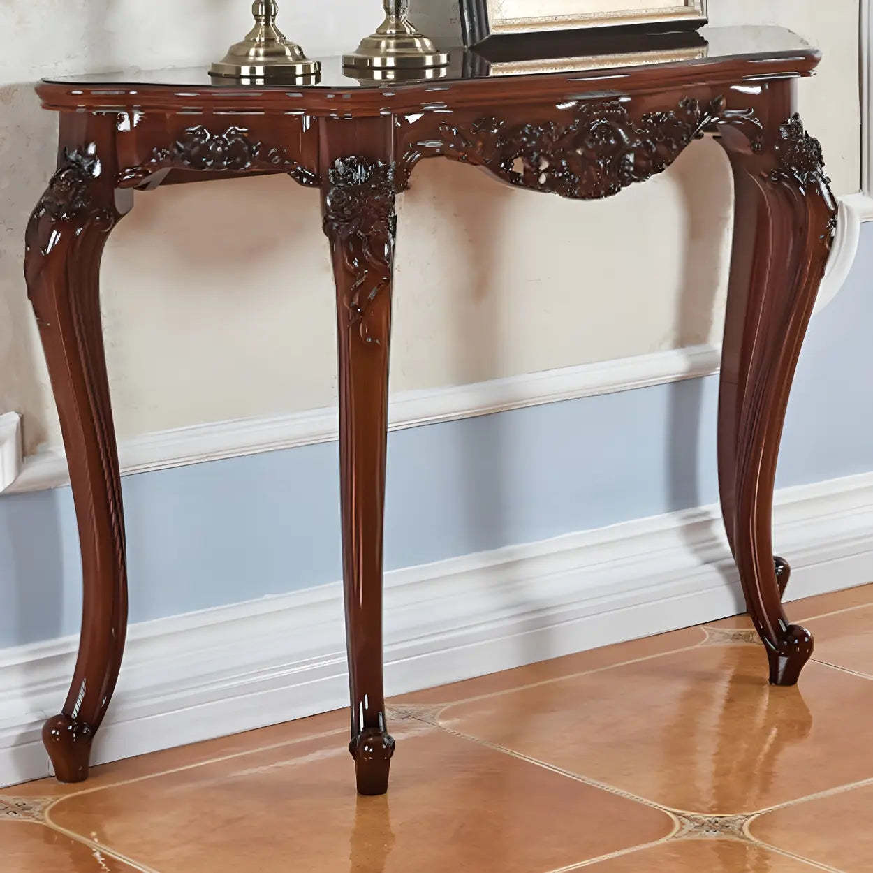 Stain-Resistant Ornate Mahogany Baroque Console Table — Champagne