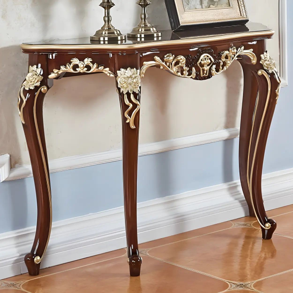 Stain-Resistant Ornate Mahogany Baroque Console Table — Gold