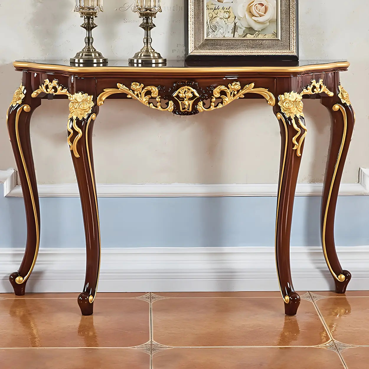 Stain-Resistant Ornate Mahogany Baroque Console Table — Gold