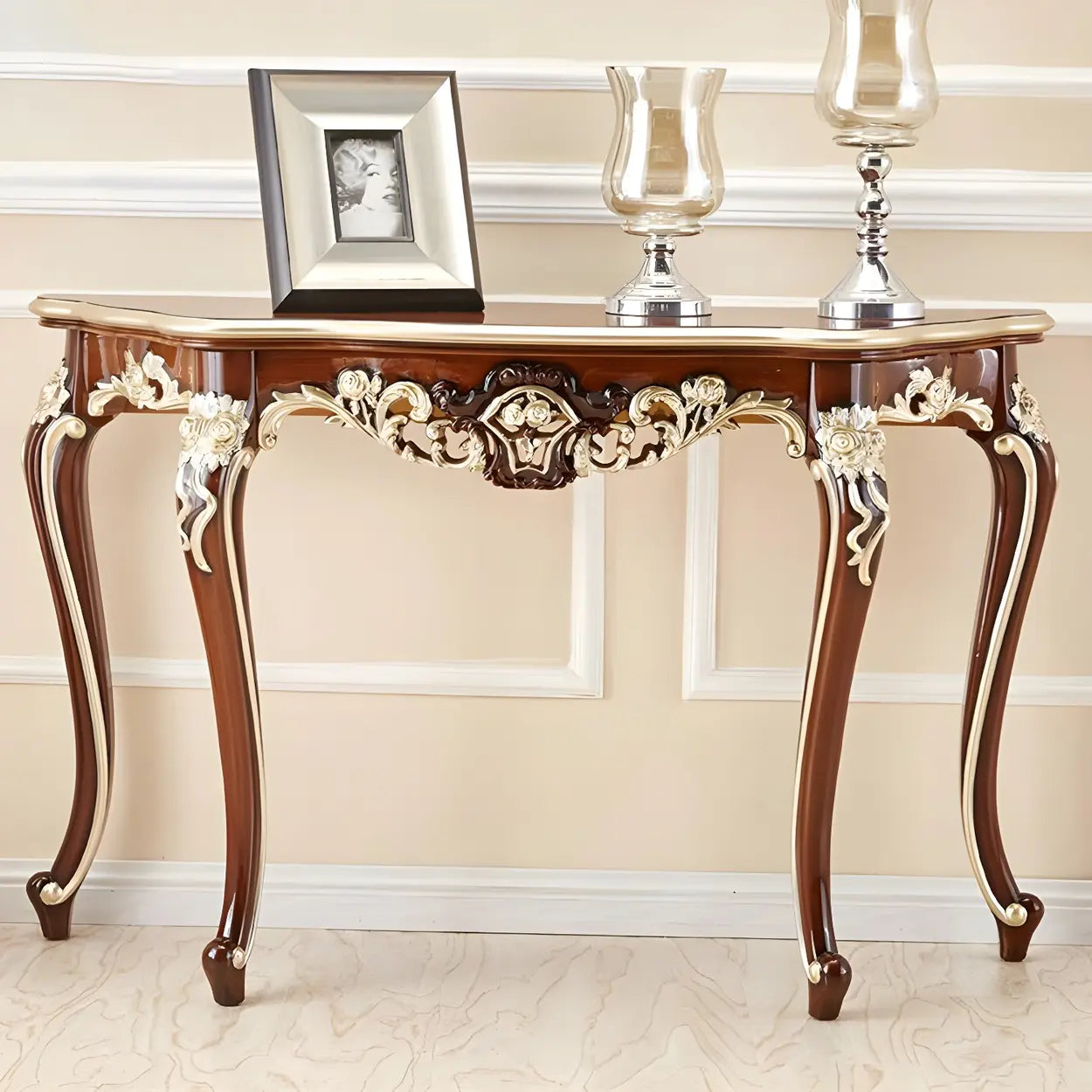 Stain-Resistant Ornate Mahogany Baroque Console Table — Gold