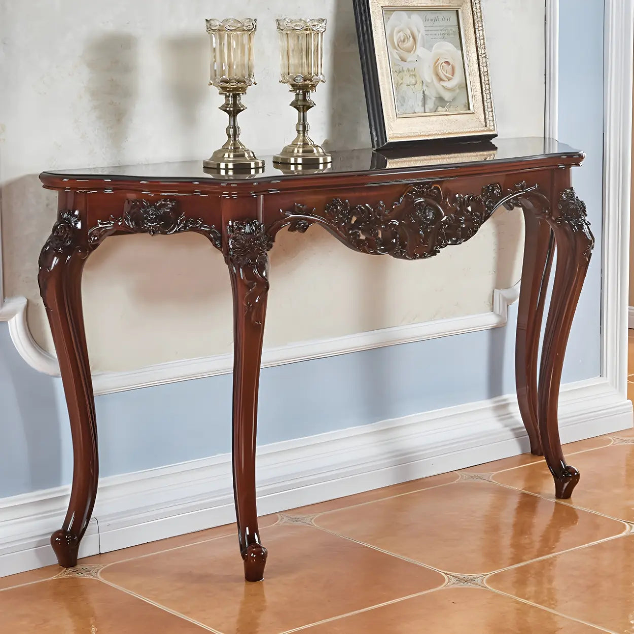 Stain-Resistant Ornate Mahogany Baroque Console Table — Gold