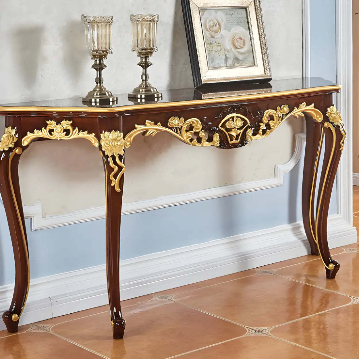 Stain-Resistant Ornate Mahogany Baroque Console Table