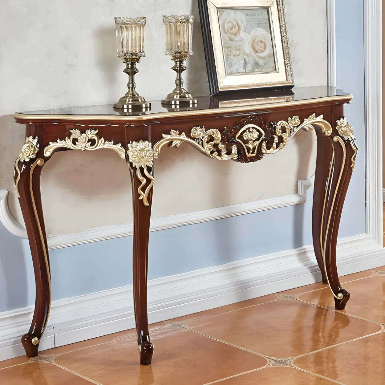 Stain-Resistant Ornate Mahogany Baroque Console Table