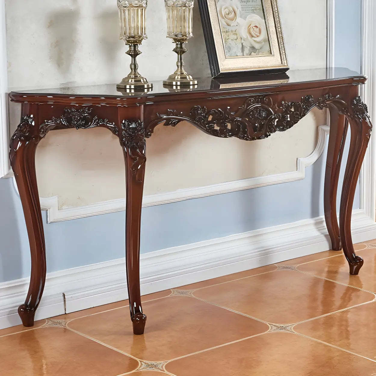 Stain-Resistant Ornate Mahogany Baroque Console Table
