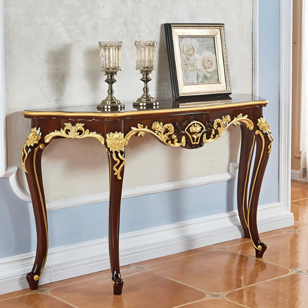 Stain-Resistant Ornate Mahogany Baroque Console Table