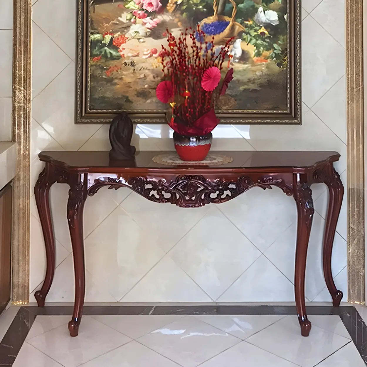 Stain-Resistant Ornate Mahogany Baroque Console Table