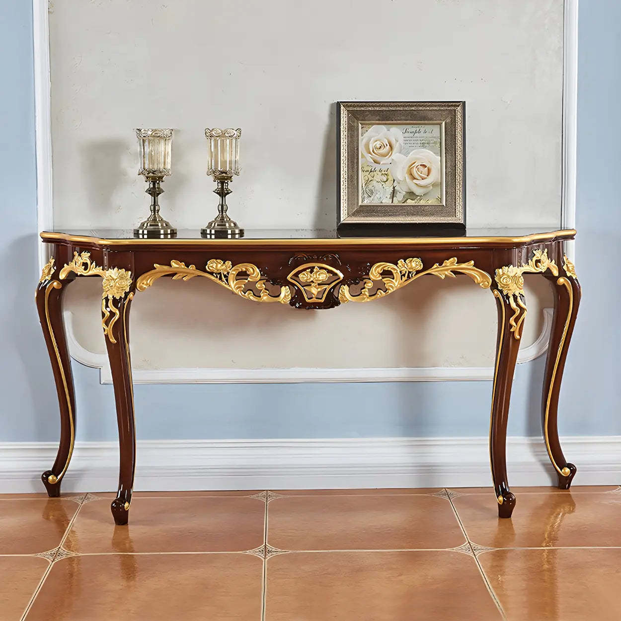 Stain-Resistant Ornate Mahogany Baroque Console Table — Brown