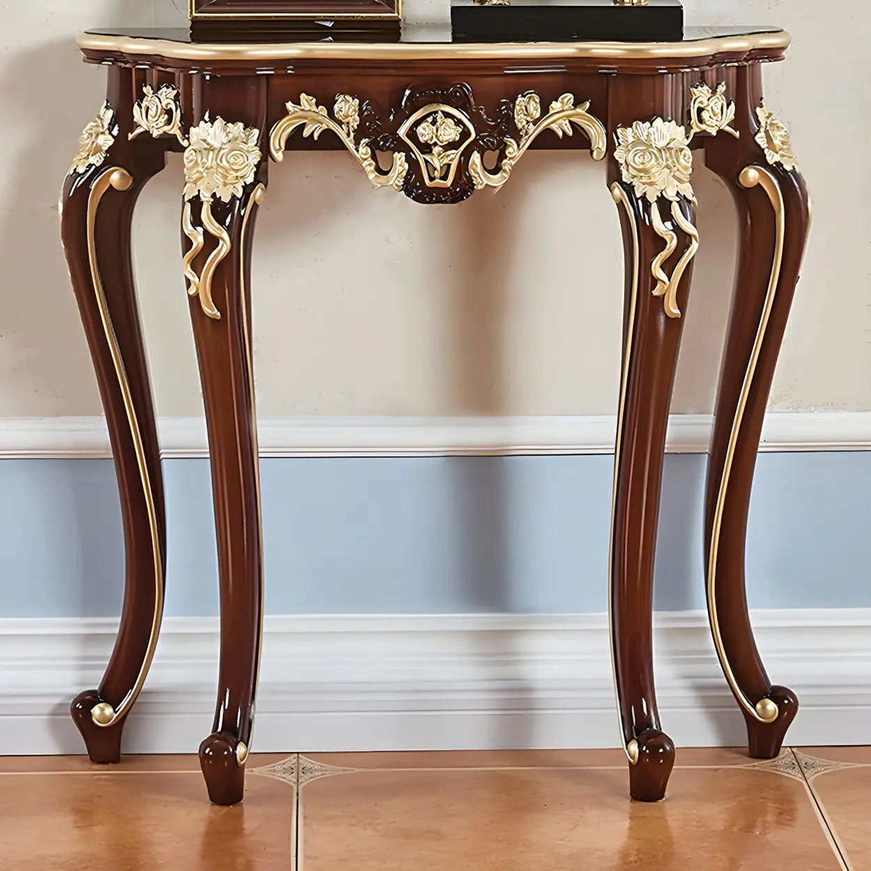 Stain-Resistant Ornate Mahogany Baroque Console Table — Brown