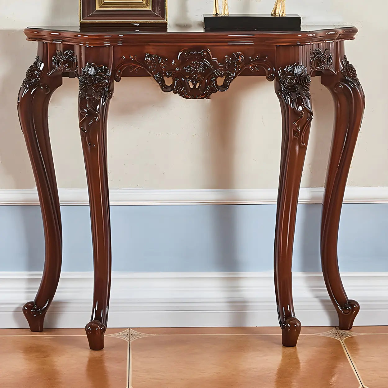 Stain-Resistant Ornate Mahogany Baroque Console Table — Brown