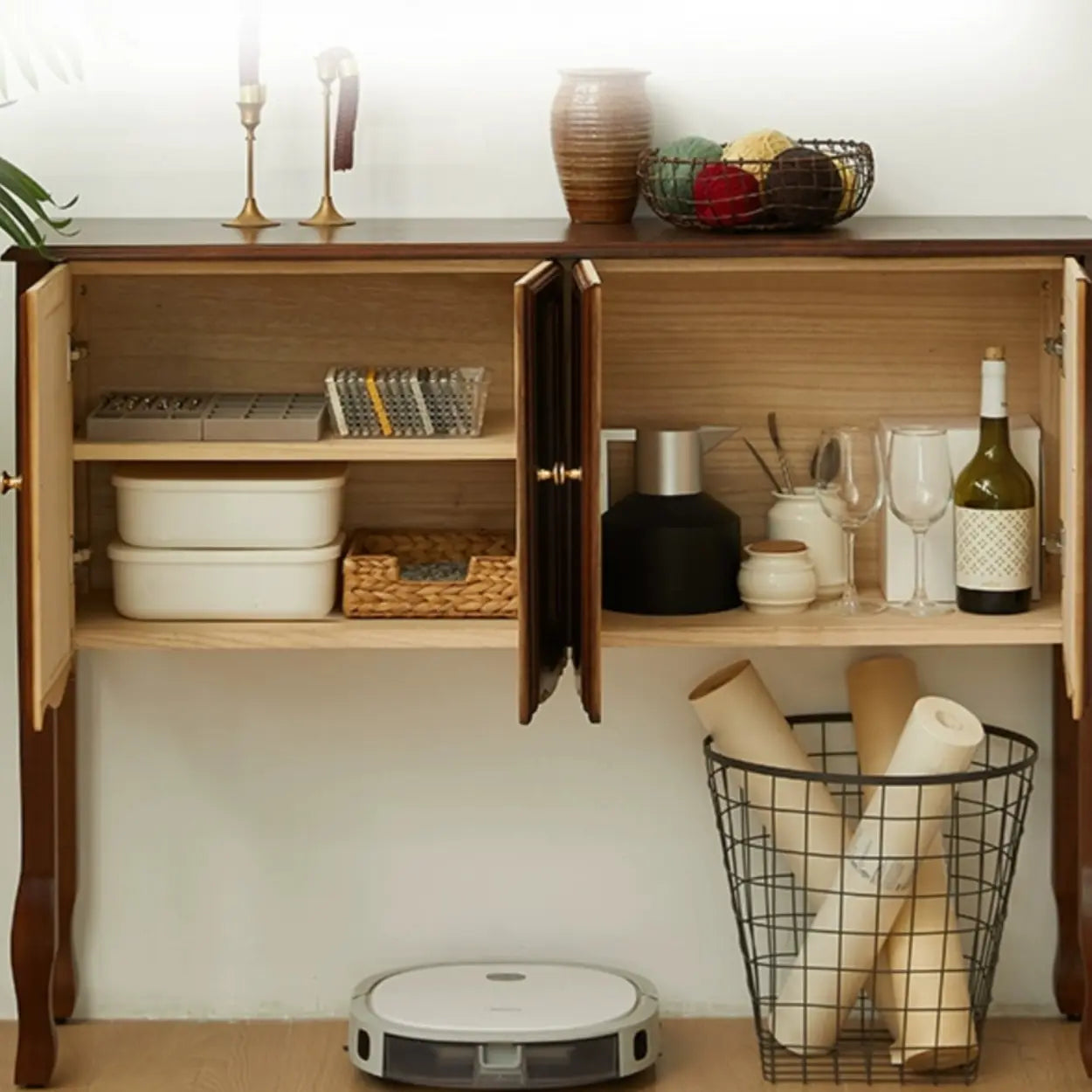 Brown Wood Rectangular Storage Console Table — Dark Walnut