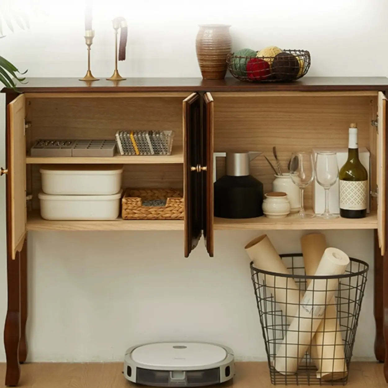 Brown Wood Rectangular Storage Console Table — Dark Walnut