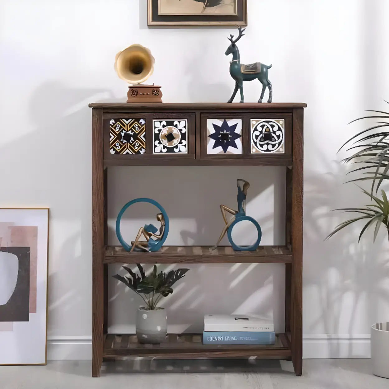 Brown Wood Rectangular Storage Console Table