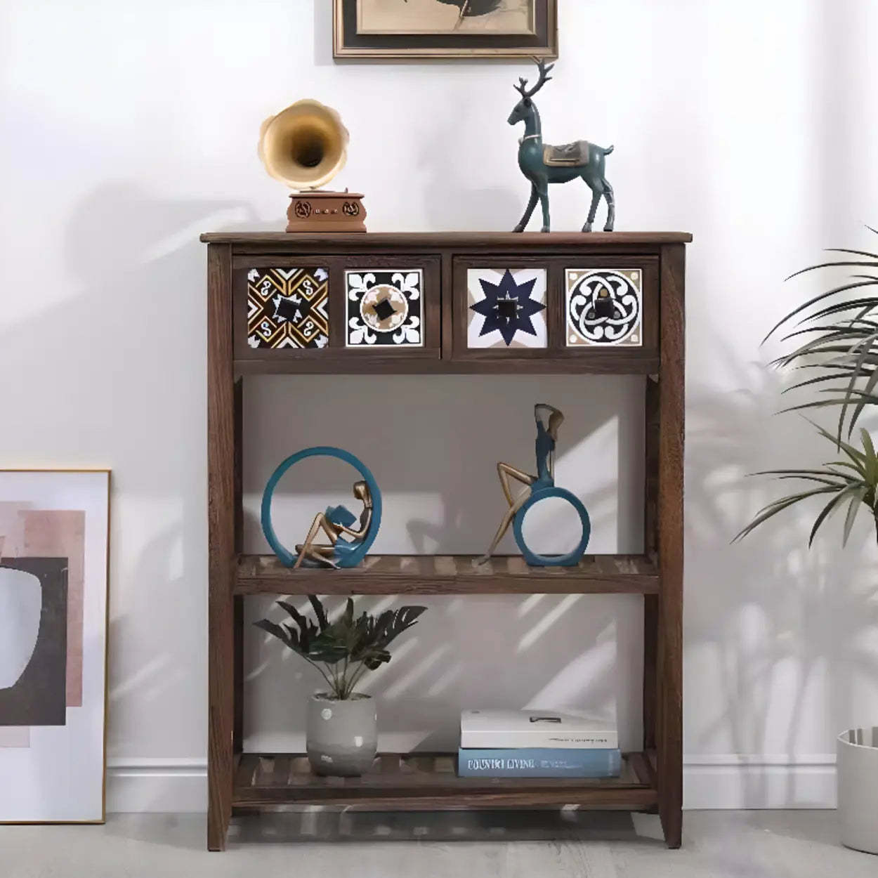 Brown Wood Rectangular Storage Console Table