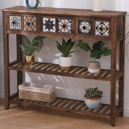 Brown Wood Rectangular Storage Console Table