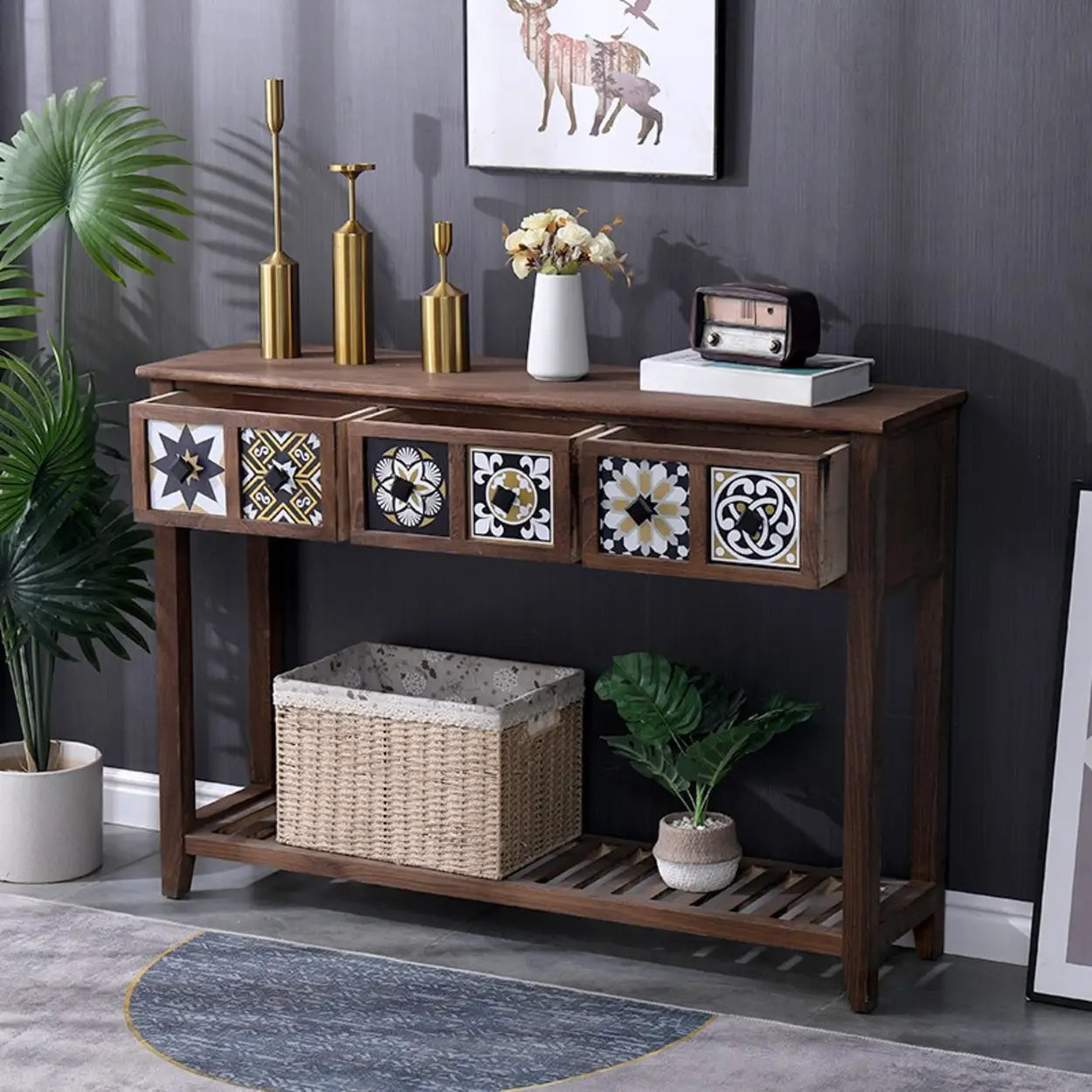 Brown Wood Rectangular Storage Console Table