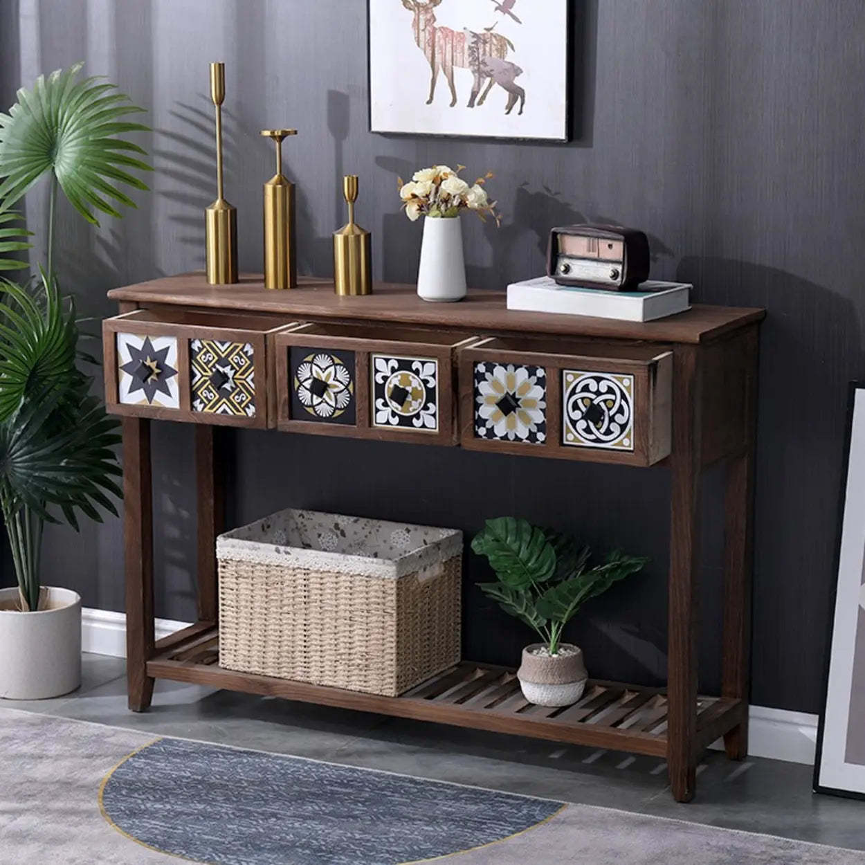 Brown Wood Rectangular Storage Console Table