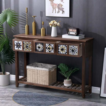 Brown Wood Rectangular Storage Console Table