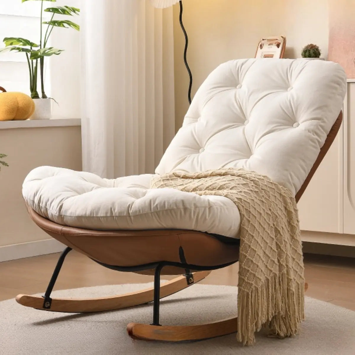 Stain Resistant Upholstered Tufted Wood Rocking Chair — Off-White