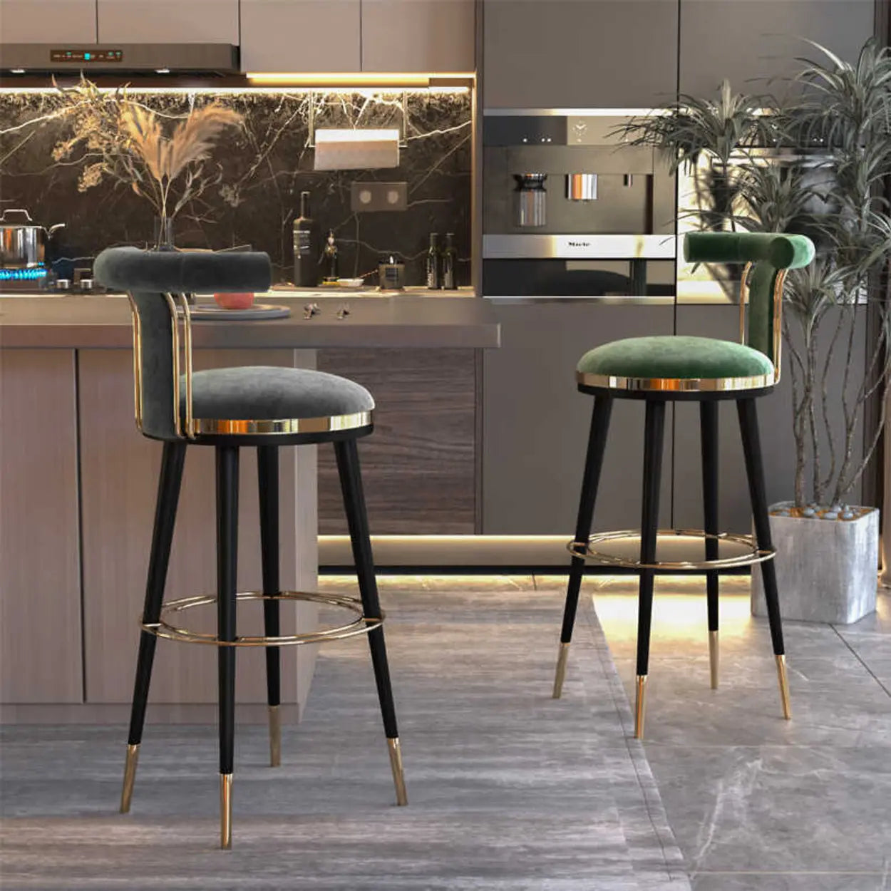 Stainless Steel Round Bar Stool with Curved Back — Gray