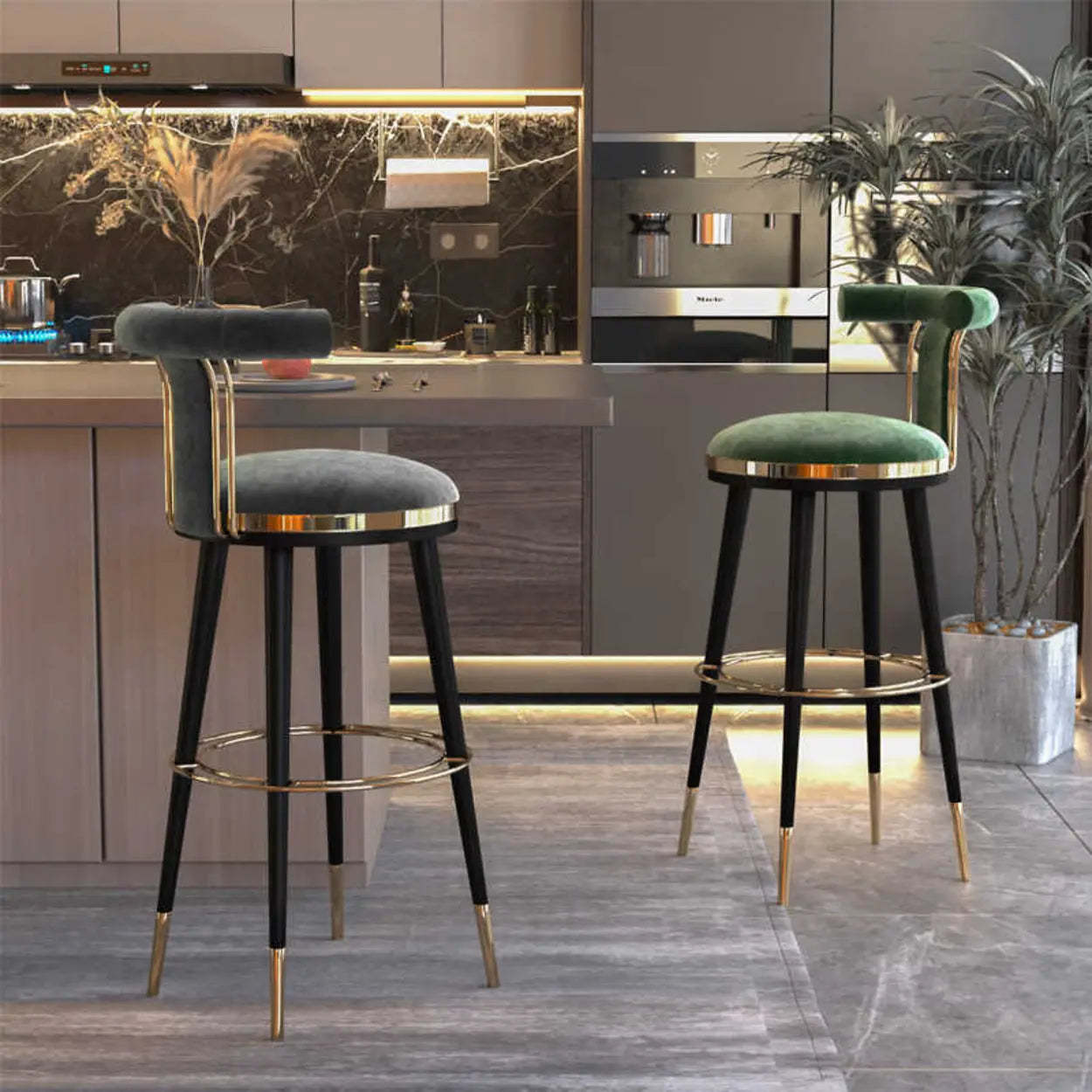 Stainless Steel Round Bar Stool with Curved Back — Gray