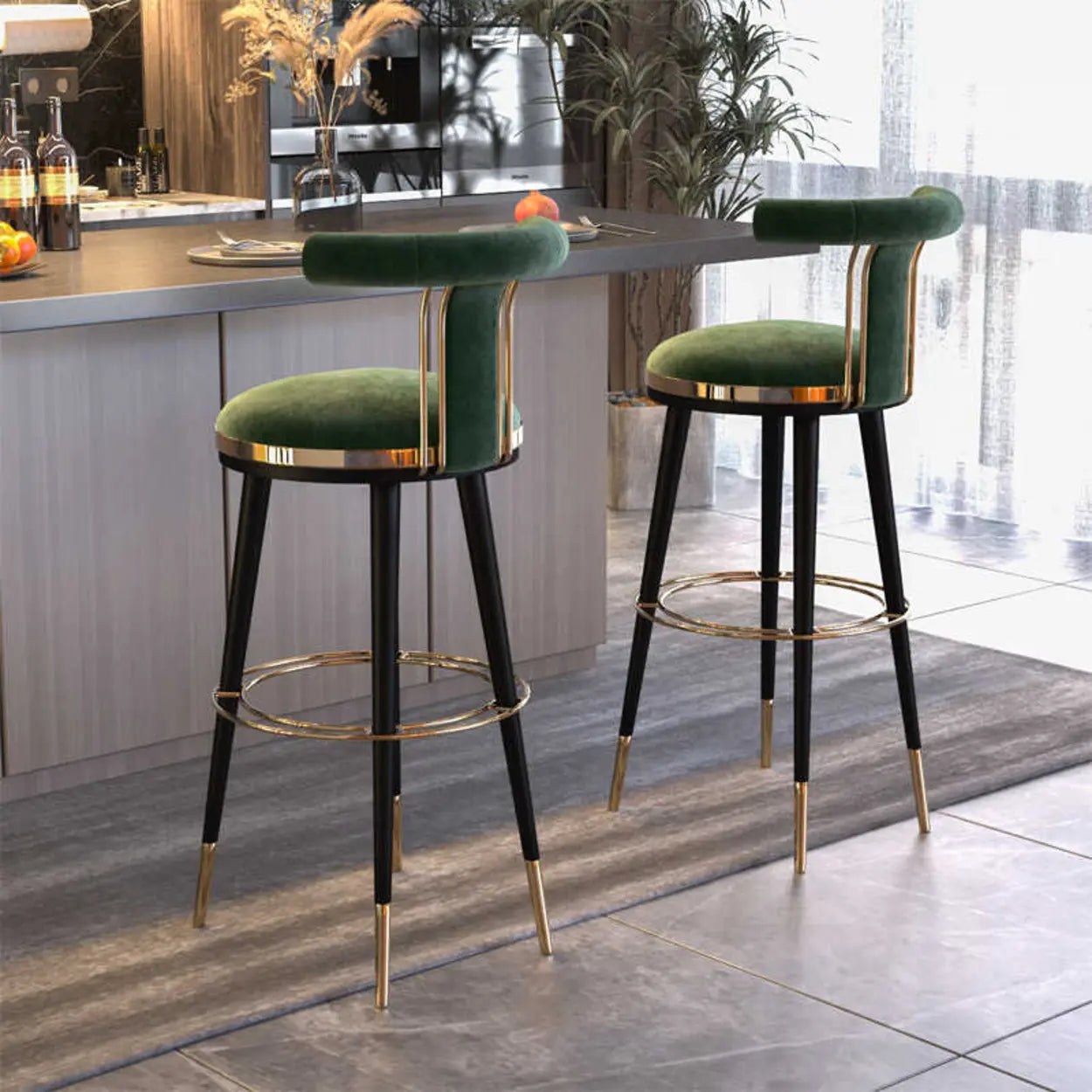 Stainless Steel Round Bar Stool with Curved Back — Red