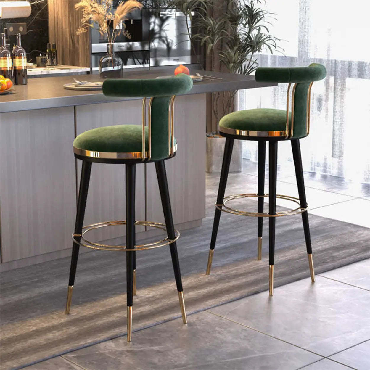 Stainless Steel Round Bar Stool with Curved Back — Red