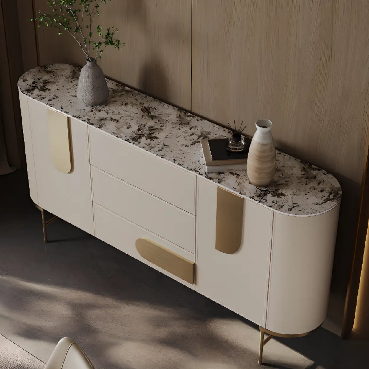 Stainless Steel Oval Marble-Top Console Table
