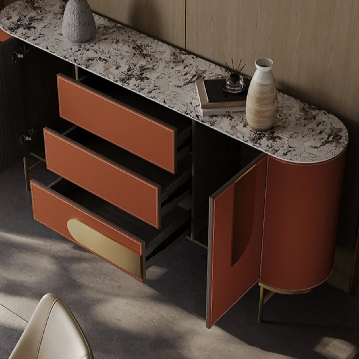 Stainless Steel Oval Marble-Top Console Table — Orange