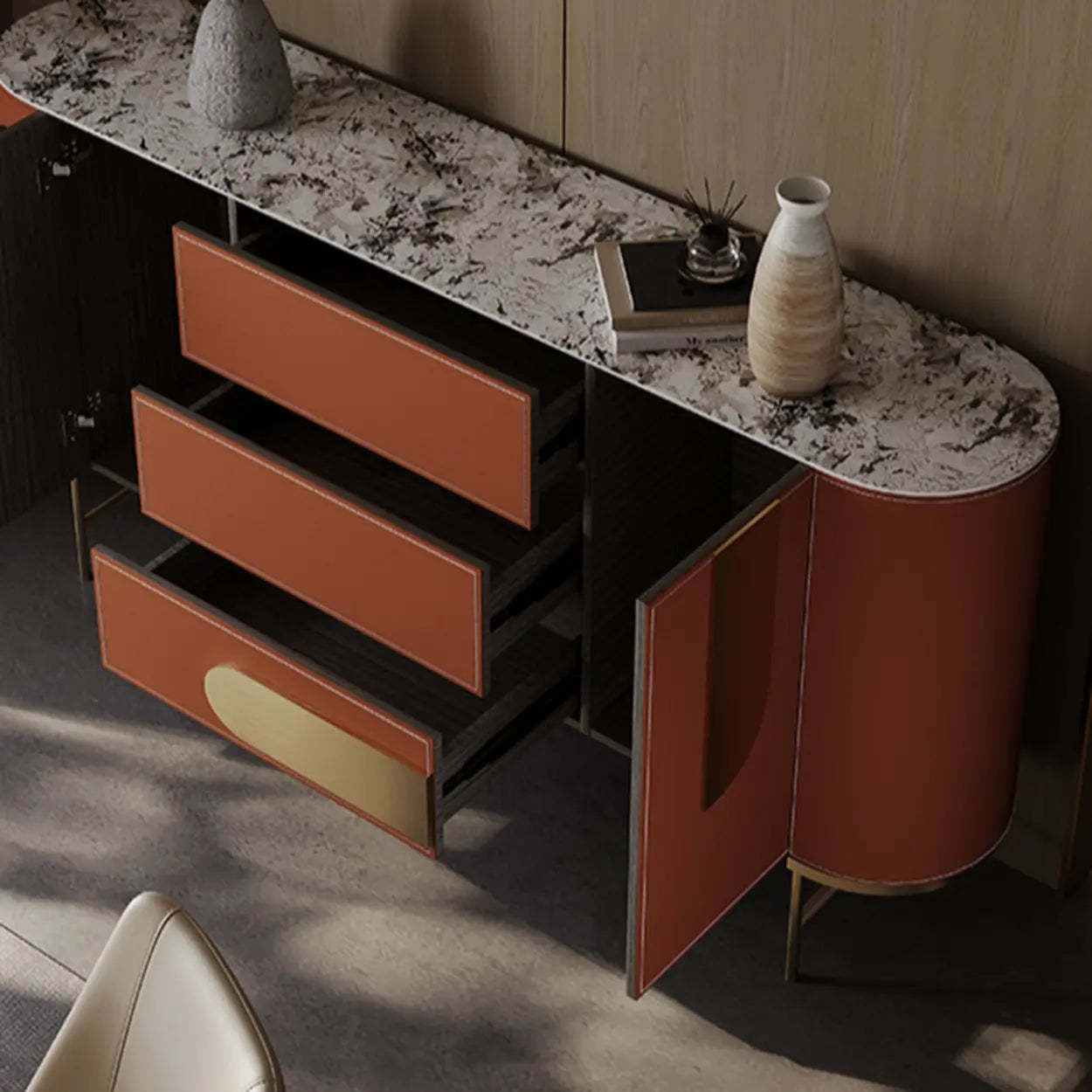 Stainless Steel Oval Marble-Top Console Table — Orange