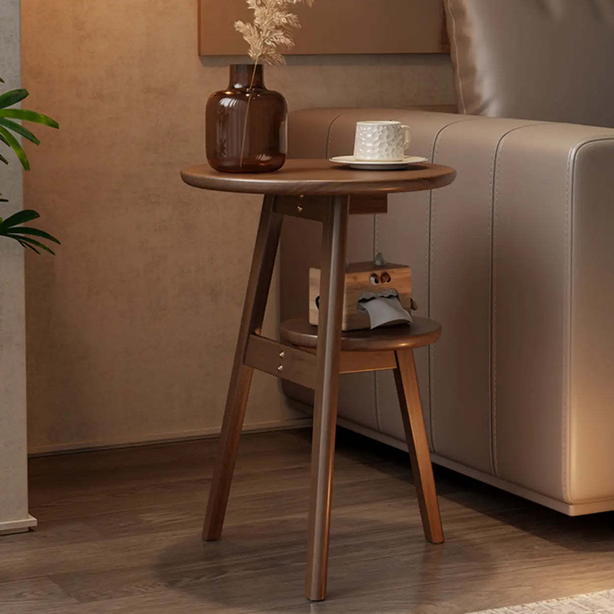 Brown Tripod Wood Round Side Table — Cherry Wood