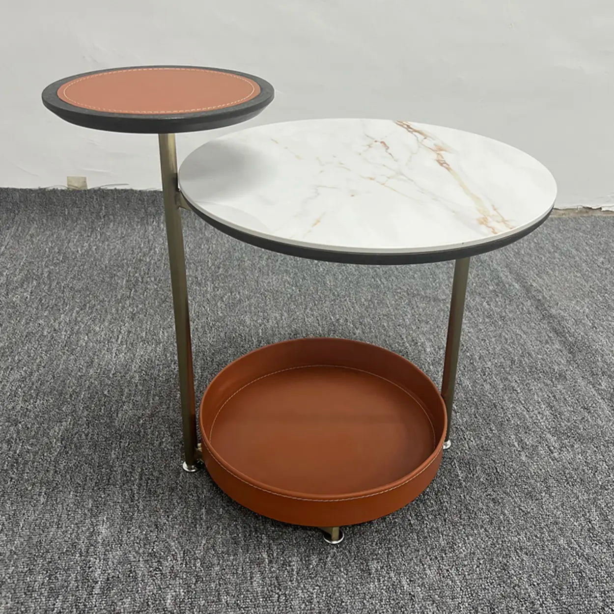 Gray Steel-Base Round Marble End Table — Beige