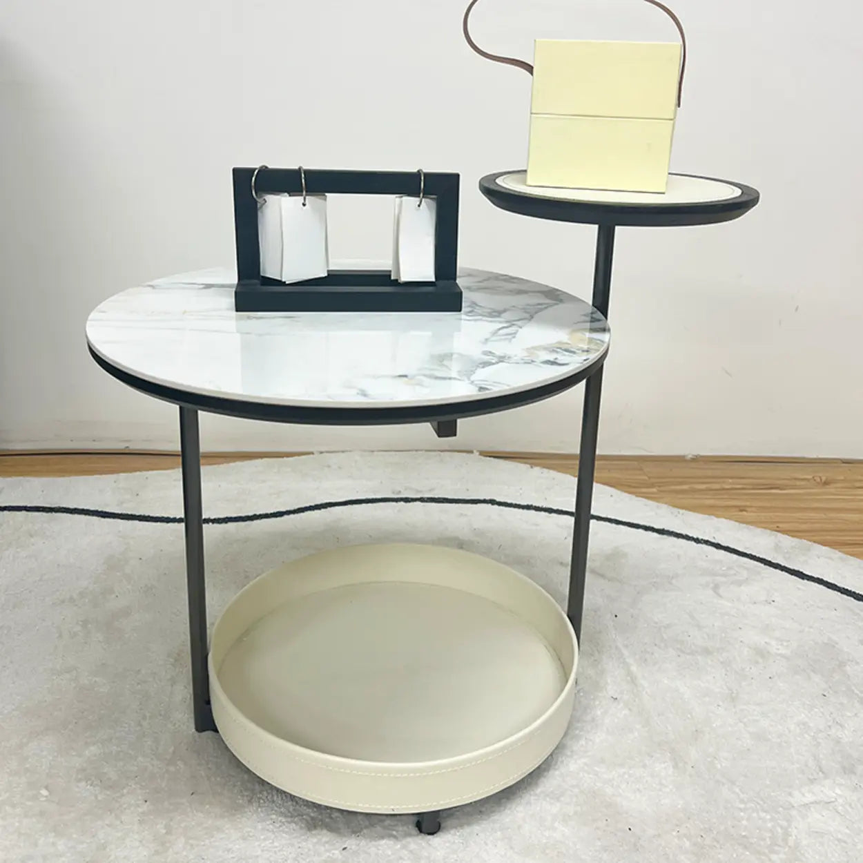 Gray Steel-Base Round Marble End Table