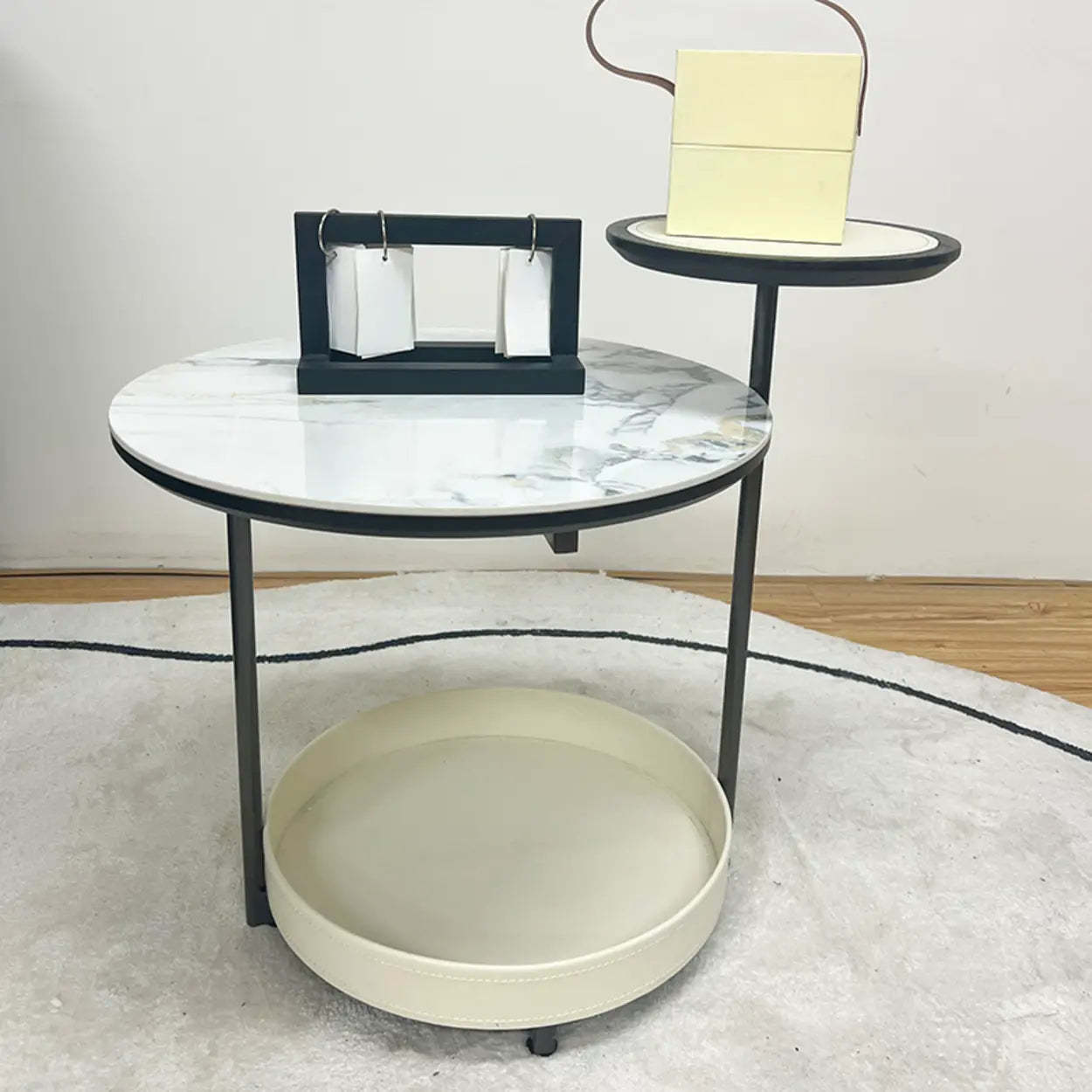Gray Steel-Base Round Marble End Table