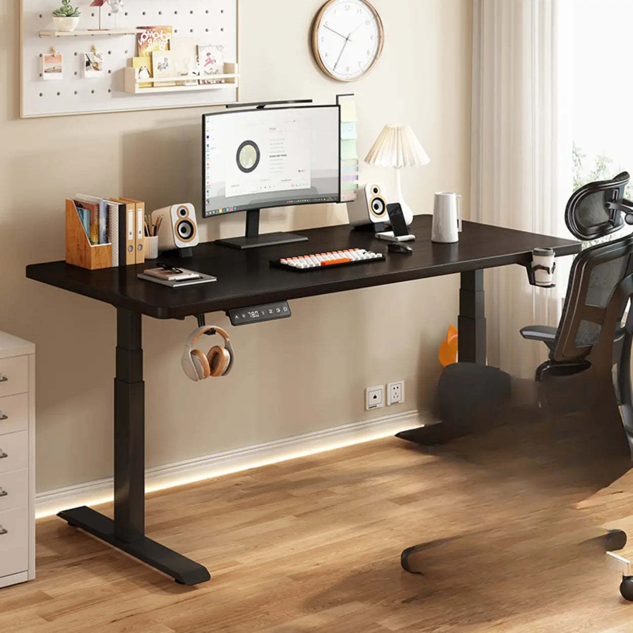 Height-Adjustable Wood Writing Desk — Walnut/ Black / Dual Motors & Three-Section Legs / Table Only